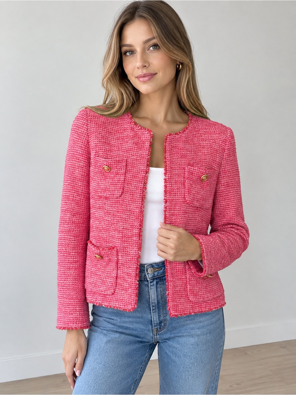 Max Mara Pink Tweed Jacket Blazer Floral Lining Gold Buttons SizeS